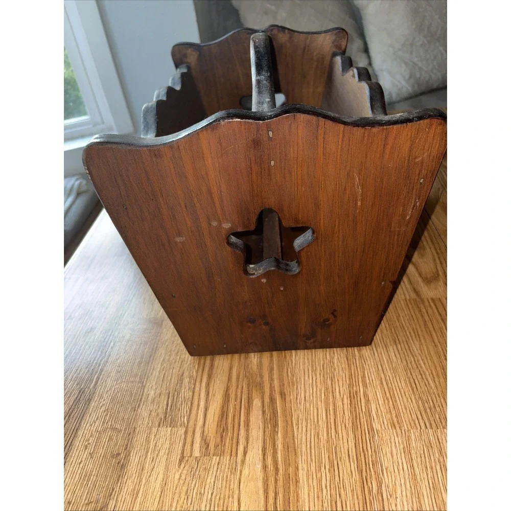 Vintage Solid Wood Mid Century Magazine Record Rack Book Stand Star Cut Out